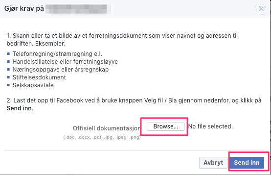 Gjøre krav på facebook side. Godkjent dokumentasjon