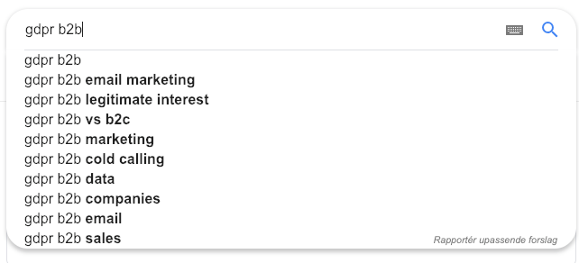 Skjermdump fra søk i Google på GDPR B2B